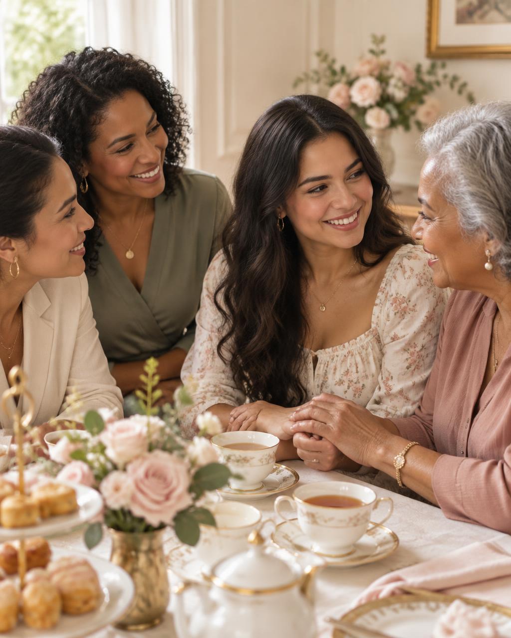 Mulheres de diferentes gerações conversando e compartilhando um chá